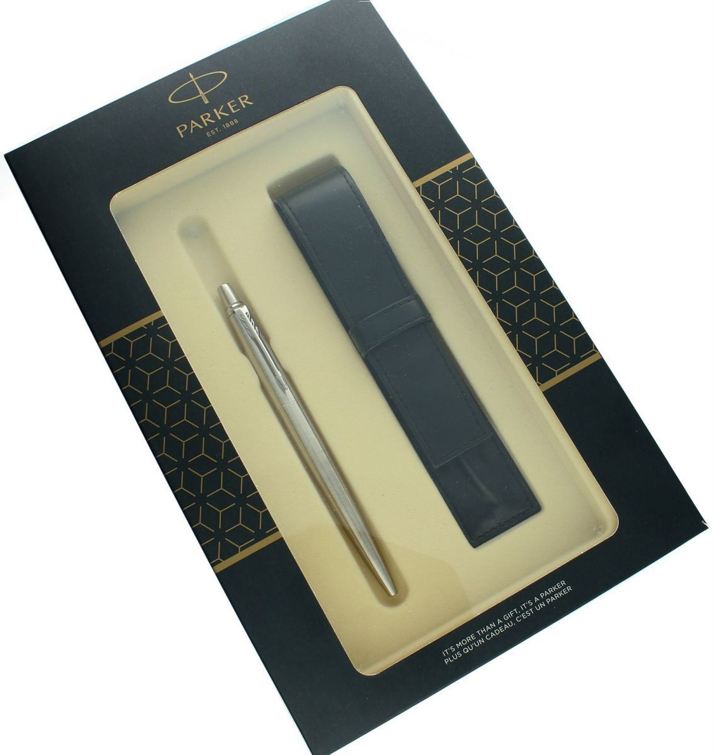 Zestaw prezentowy Parker S0825320ETUI – srebrny długopis i czarne skórzane etui (1).jpg